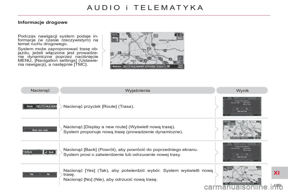 CITROEN C-CROSSER 2012  Instrukcja obsługi (in Polish) XI
189 
AUDIO i TELEMATYKA
  Nacisnąć 
  Wyjaśnienia 
  Wynik 
  Nacisnąć przycisk [Route] (Trasa). 
  Nacisnąć [Display a new route] (Wyświetl nową trasę).  
System proponuje nową trasę (