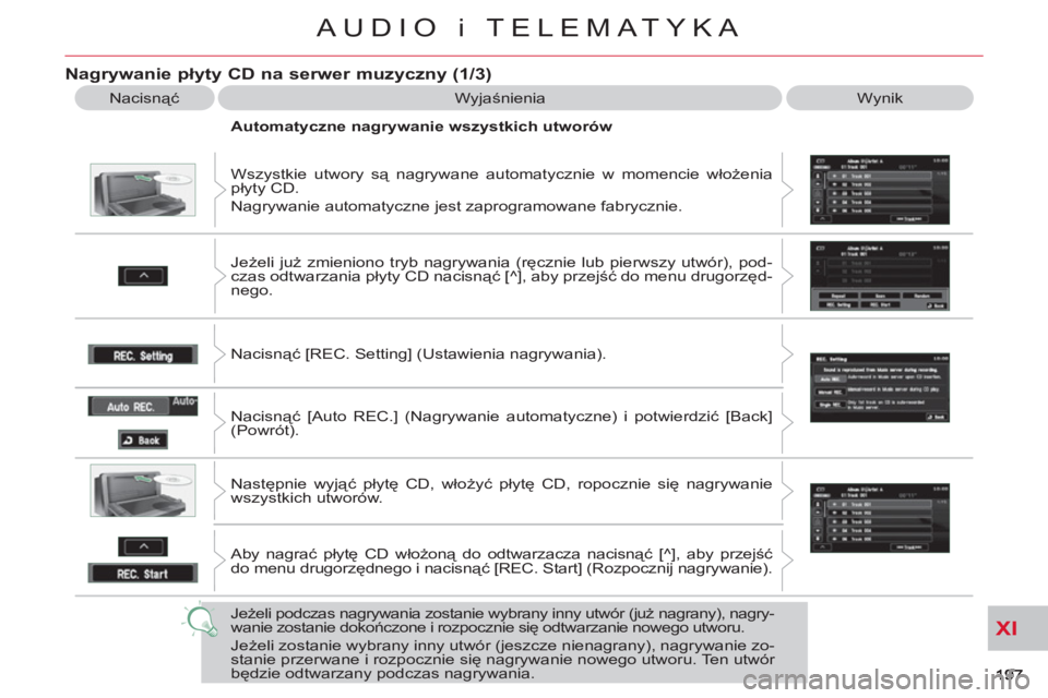 CITROEN C-CROSSER 2012  Instrukcja obsługi (in Polish) XI
AUDIO i TELEMATYKA
Nagrywanie płyty CD na serwer muzyczny (1/3)
 
Nacisnąć  Wyjaśnienia  Wynik 
  Wszystkie utwory są nagrywane automatycznie w momencie włożenia 
płyty CD. 
  Nagrywanie au