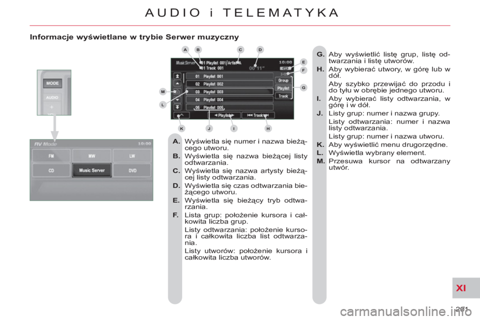 CITROEN C-CROSSER 2012 Instrukcja obsługi (in Polish) XI
201
AUDIO i TELEMATYKA
Informacje wyświetlane w trybie Serwer muzyczny
A.
Wyświetla się numer i nazwa bieżą-
cego utworu.
B.
Wyświetla się nazwa bieżącej listy
odtwar CITROEN C-CROSSER 2012 Instrukcja obsługi (in Polish) XI
201
AUDIO i TELEMATYKA
Informacje wyświetlane w trybie Serwer muzyczny
A.
Wyświetla się numer i nazwa bieżą-
cego utworu.
B.
Wyświetla się nazwa bieżącej listy
odtwar