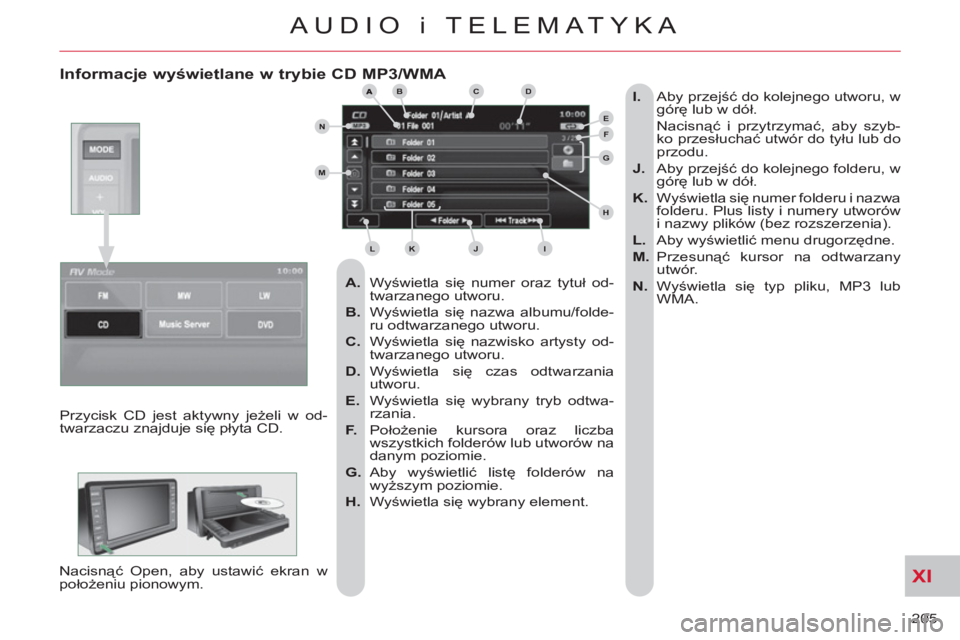 CITROEN C-CROSSER 2012 Instrukcja obsługi (in Polish) XI
205
AUDIO i TELEMATYKA
Informacje wyświetlane w trybie CD MP3/WMA
A.
Wyświetla się numer oraz tytuł od-
twarzanego utworu.
B.
Wyświetla się nazwa albumu/folde-
ru odtwarz CITROEN C-CROSSER 2012 Instrukcja obsługi (in Polish) XI
205
AUDIO i TELEMATYKA
Informacje wyświetlane w trybie CD MP3/WMA
A.
Wyświetla się numer oraz tytuł od-
twarzanego utworu.
B.
Wyświetla się nazwa albumu/folde-
ru odtwarz