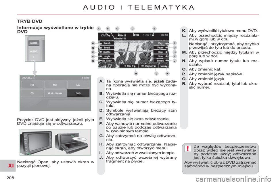 CITROEN C-CROSSER 2012  Instrukcja obsługi (in Polish) XI
!
208
AUDIO i TELEMATYKA
TRYB DVD
  Przycisk DVD jest aktywny, jeżeli płyta 
DVD znajduje się w odtwarzaczu. 
  Nacisnąć Open, aby ustawić ekran w 
pozycji pionowej.   Ze względów bezpiecze