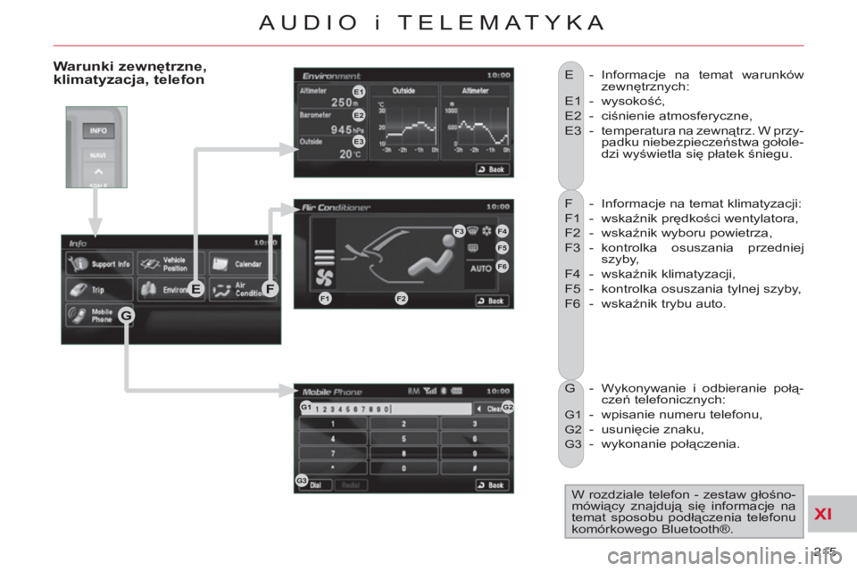 CITROEN C-CROSSER 2012 Instrukcja obsługi (in Polish) XI
215
AUDIO i TELEMATYKA
F - Informacje na temat klimatyzacji:
F1 - wskaźnik prędkości wentylatora,
F2 - wskaźnik wyboru powietrza,
F3 - kontrolka osuszania przedniej
szyby,
F4 CITROEN C-CROSSER 2012 Instrukcja obsługi (in Polish) XI
215
AUDIO i TELEMATYKA
F - Informacje na temat klimatyzacji:
F1 - wskaźnik prędkości wentylatora,
F2 - wskaźnik wyboru powietrza,
F3 - kontrolka osuszania przedniej
szyby,
F4