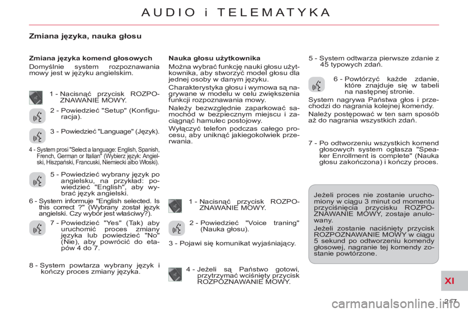 CITROEN C-CROSSER 2012 Instrukcja obsługi (in Polish) XI
217
AUDIO i TELEMATYKA
Zmiana języka, nauka głosu
Zmiana języka komend głosowych
Domyślnie system rozpoznawania
mowy jest w języku angielskim.
Nauka głosu użytkownika
Można CITROEN C-CROSSER 2012 Instrukcja obsługi (in Polish) XI
217
AUDIO i TELEMATYKA
Zmiana języka, nauka głosu
Zmiana języka komend głosowych
Domyślnie system rozpoznawania
mowy jest w języku angielskim.
Nauka głosu użytkownika
Można