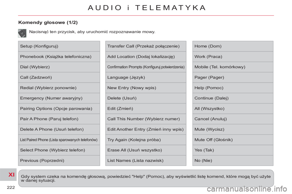 CITROEN C-CROSSER 2012 Instrukcja obsługi (in Polish) XI
222
AUDIO i TELEMATYKA
Gdy system czeka na komendę głosową, powiedzieć "Help" (Pomoc), aby wyświetlić listę komend, które mogą być użyte
w danej sytuacji.
Komendy głosowe (1/2) CITROEN C-CROSSER 2012 Instrukcja obsługi (in Polish) XI
222
AUDIO i TELEMATYKA
Gdy system czeka na komendę głosową, powiedzieć "Help" (Pomoc), aby wyświetlić listę komend, które mogą być użyte
w danej sytuacji.
Komendy głosowe (1/2)