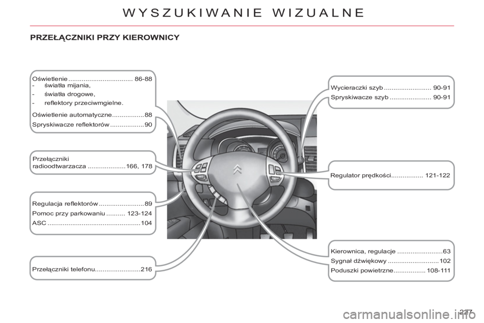 CITROEN C-CROSSER 2012 Instrukcja obsługi (in Polish) 227
WYSZUKIWANIE WIZUALNE
PRZEŁĄCZNIKI PRZY KIEROWNICY
Oświetlenie .................................. 86-88
- światła mijania,
- światła drogowe,
- refl ektory pr CITROEN C-CROSSER 2012 Instrukcja obsługi (in Polish) 227
WYSZUKIWANIE WIZUALNE
PRZEŁĄCZNIKI PRZY KIEROWNICY
Oświetlenie .................................. 86-88
- światła mijania,
- światła drogowe,
- refl ektory pr