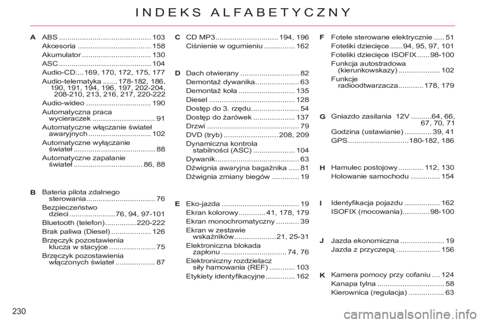 CITROEN C-CROSSER 2012  Instrukcja obsługi (in Polish) 230
INDEKS ALFABETYCZNY
AABS ............................................ 103
Akcesoria ................................... 158
Akumulator ................................. 130
ASC ...................