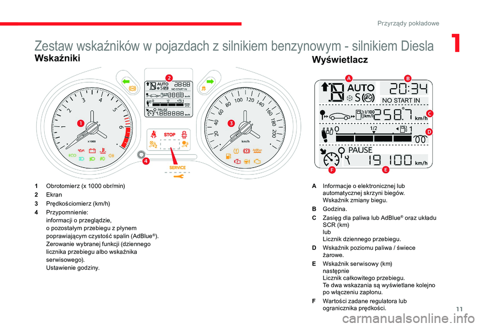 CITROEN C-ELYSÉE 2017 Instrukcja obsługi (in Polish) 11
Zestaw wskaźników w pojazdach z silnikiem benzynowym - silnikiem Diesla
Wskaźniki
1Obrotomierz (x 1000 obr/min)
2 Ekran
3 Prędkościomierz (km/h)
4 Przypomnienie:
informacji o przeglądzie,
o p CITROEN C-ELYSÉE 2017 Instrukcja obsługi (in Polish) 11
Zestaw wskaźników w pojazdach z silnikiem benzynowym - silnikiem Diesla
Wskaźniki
1Obrotomierz (x 1000 obr/min)
2 Ekran
3 Prędkościomierz (km/h)
4 Przypomnienie:
informacji o przeglądzie,
o p