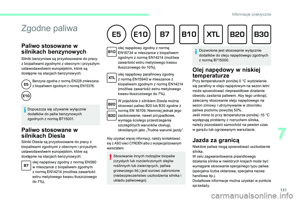 CITROEN C-ELYSÉE 2017 Instrukcja obsługi (in Polish) 131
Paliwo stosowane w
silnikach benzynowych
Silniki benzynowe są przystosowane do pracy
z biopaliwami zgodnymi z obecnym i przyszłym
ustawodawstwem europejskim, które są
dostępne na stacjach CITROEN C-ELYSÉE 2017 Instrukcja obsługi (in Polish) 131
Paliwo stosowane w
silnikach benzynowych
Silniki benzynowe są przystosowane do pracy
z biopaliwami zgodnymi z obecnym i przyszłym
ustawodawstwem europejskim, które są
dostępne na stacjach