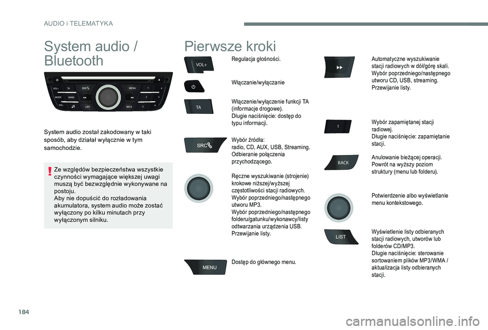 CITROEN C-ELYSÉE 2017 Instrukcja obsługi (in Polish) 184
BACK
VOL+
TA
System audio /
Bluetooth
System audio został zakodowany w taki
sposób, aby działał wyłącznie w tym
samochodzie.
Pierwsze kroki
Regulacja głośności.
Włączanie/wyłączani CITROEN C-ELYSÉE 2017 Instrukcja obsługi (in Polish) 184
BACK
VOL+
TA
System audio /
Bluetooth
System audio został zakodowany w taki
sposób, aby działał wyłącznie w tym
samochodzie.
Pierwsze kroki
Regulacja głośności.
Włączanie/wyłączani