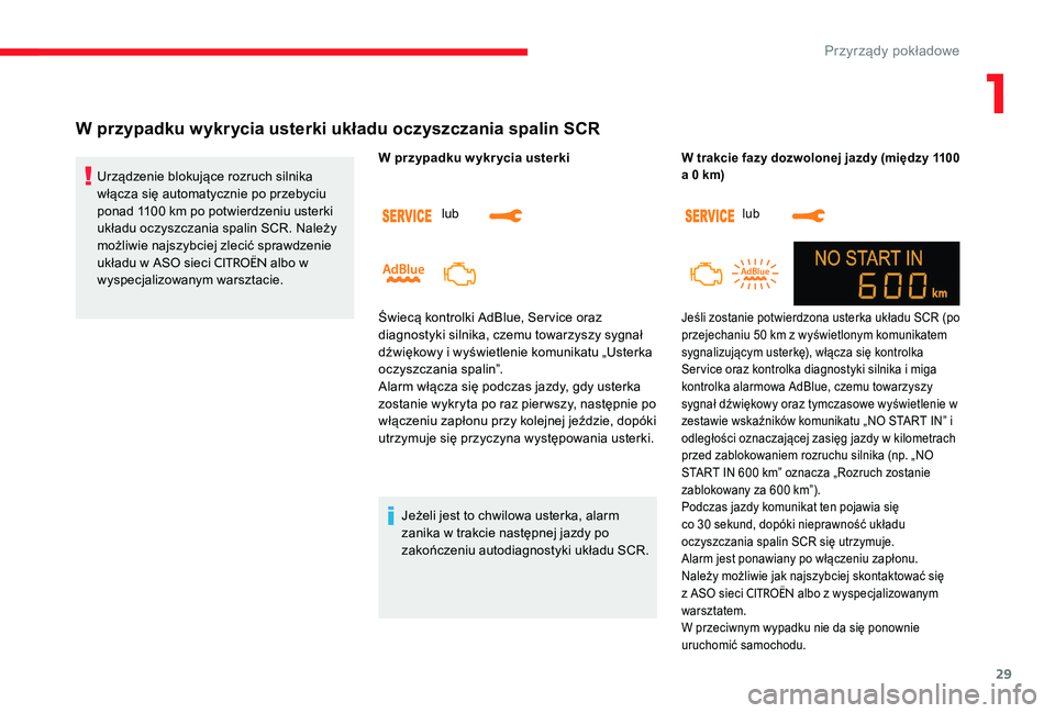 CITROEN C-ELYSÉE 2017 Instrukcja obsługi (in Polish) 29
W przypadku wykrycia usterki układu oczyszczania spalin SCR
Urządzenie blokujące rozruch silnika
włącza się automatycznie po przebyciu
ponad 1100 km po potwierdzeniu usterki
układu oczysz CITROEN C-ELYSÉE 2017 Instrukcja obsługi (in Polish) 29
W przypadku wykrycia usterki układu oczyszczania spalin SCR
Urządzenie blokujące rozruch silnika
włącza się automatycznie po przebyciu
ponad 1100 km po potwierdzeniu usterki
układu oczysz