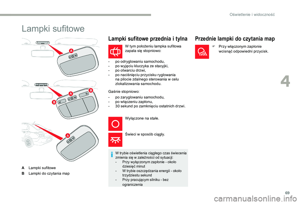 CITROEN C-ELYSÉE 2017 Instrukcja obsługi (in Polish) 69
Lampki sufitowe
ALampki sufitowe
B Lampki do czytania map
Lampki sufitowe przednia i tylna
W trybie oświetlenia ciągłego czas świecenia
zmienia się w zależności od sytuacji:
-
P
rzy wył CITROEN C-ELYSÉE 2017 Instrukcja obsługi (in Polish) 69
Lampki sufitowe
ALampki sufitowe
B Lampki do czytania map
Lampki sufitowe przednia i tylna
W trybie oświetlenia ciągłego czas świecenia
zmienia się w zależności od sytuacji:
-
P
rzy wył