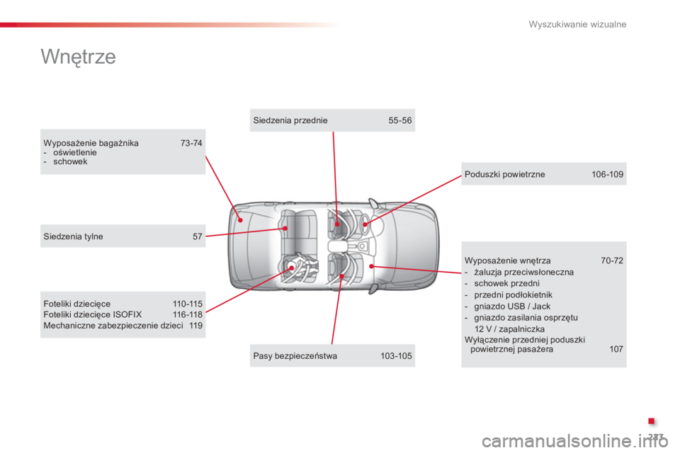 CITROEN C-ELYSÉE 2014 Instrukcja obsługi (in Polish) .
223
Wyszukiwanie wizualne
Wnętrze
Wyposażenie bagażnika 73-74- oświetlenie- schowek
Siedzenia przednie 55 -56
Foteliki dziecięc e 11 0 -115Foteliki dziecięce ISOF I X 11 6 -11 8Mech CITROEN C-ELYSÉE 2014 Instrukcja obsługi (in Polish) .
223
Wyszukiwanie wizualne
Wnętrze
Wyposażenie bagażnika 73-74- oświetlenie- schowek
Siedzenia przednie 55 -56
Foteliki dziecięc e 11 0 -115Foteliki dziecięce ISOF I X 11 6 -11 8Mech