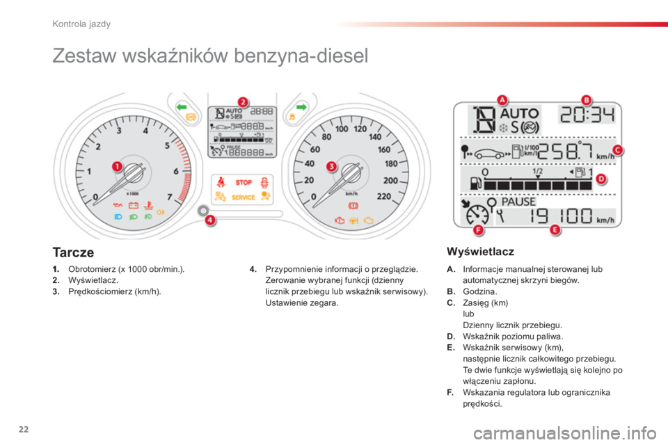 CITROEN C-ELYSÉE 2014 Instrukcja obsługi (in Polish) 22
Kontrola jazdy
Zestaw wskaźników benzyna-diesel
Obrotomierz (x 1000 obr/min.). 2.
Wyświetlacz. 3.Prędkościomierz (km/h).
A.Informacje manualnej sterowanej luba CITROEN C-ELYSÉE 2014 Instrukcja obsługi (in Polish) 22
Kontrola jazdy
Zestaw wskaźników benzyna-diesel
Obrotomierz (x 1000 obr/min.). 2.
Wyświetlacz. 3.Prędkościomierz (km/h).
A.Informacje manualnej sterowanej luba