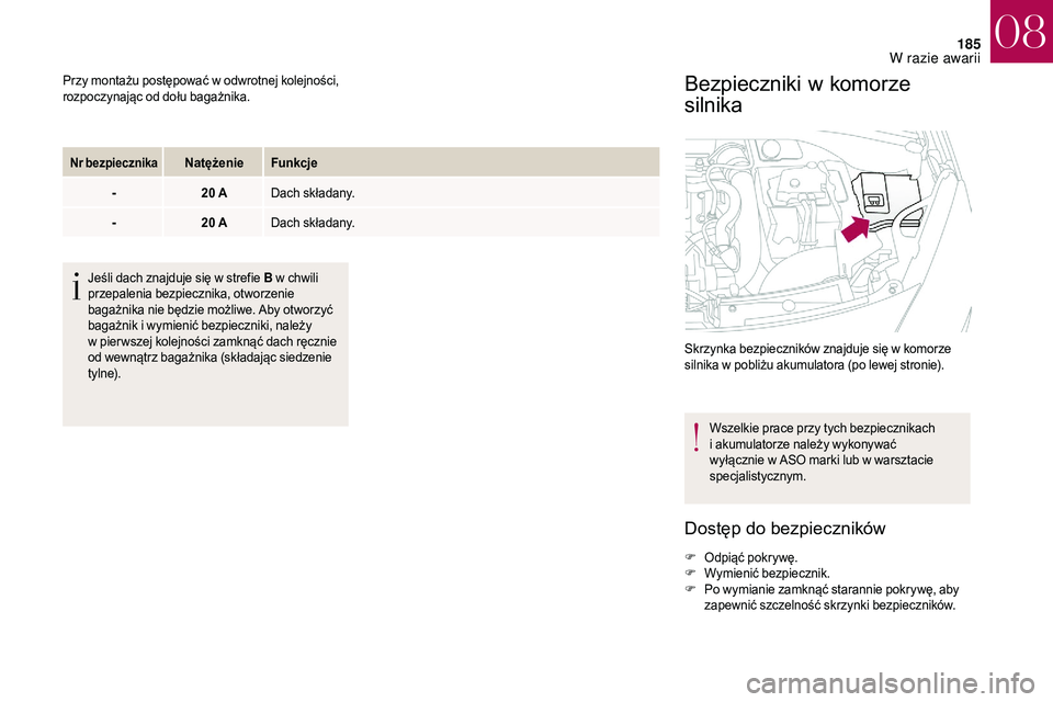 CITROEN DS3 CABRIO 2018 Instrukcja obsługi (in Polish) 185
Przy montażu postępować w odwrotnej kolejności,
r ozpoczynając od dołu bagażnika.
Nr bezpiecznikaNatężenie Funkcje
- 20
A Dach składany.
- 20
A Dach składany.
Jeśli dach znajduje CITROEN DS3 CABRIO 2018 Instrukcja obsługi (in Polish) 185
Przy montażu postępować w odwrotnej kolejności,
r ozpoczynając od dołu bagażnika.
Nr bezpiecznikaNatężenie Funkcje
- 20
A Dach składany.
- 20
A Dach składany.
Jeśli dach znajduje
