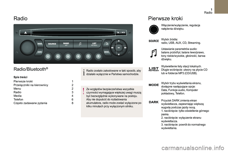 CITROEN DS3 CABRIO 2018 Instrukcja obsługi (in Polish) 1
Radio
Radio/Bluetooth®
Spis treści
Pier wsze kroki 1
P rzełączniki na kierownicy 2
M
enu
2
R
adio
3
M
edia
4
T
elefon
6
C
zęsto zadawane pytania
8
Radio zostało zakodowan CITROEN DS3 CABRIO 2018 Instrukcja obsługi (in Polish) 1
Radio
Radio/Bluetooth®
Spis treści
Pier wsze kroki 1
P rzełączniki na kierownicy 2
M
enu
2
R
adio
3
M
edia
4
T
elefon
6
C
zęsto zadawane pytania
8
Radio zostało zakodowan