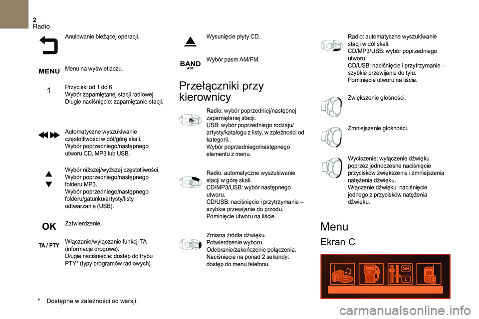 CITROEN DS3 CABRIO 2018 Instrukcja obsługi (in Polish) 2
Anulowanie bieżącej operacji.
Menu na wyświetlaczu.
Przyciski od 1 do 6
Wybór zapamiętanej stacji radiowej.
Długie naciśnięcie: zapamiętanie stacji.
Automatyczne wyszukiwanie
częstotliwo CITROEN DS3 CABRIO 2018 Instrukcja obsługi (in Polish) 2
Anulowanie bieżącej operacji.
Menu na wyświetlaczu.
Przyciski od 1 do 6
Wybór zapamiętanej stacji radiowej.
Długie naciśnięcie: zapamiętanie stacji.
Automatyczne wyszukiwanie
częstotliwo