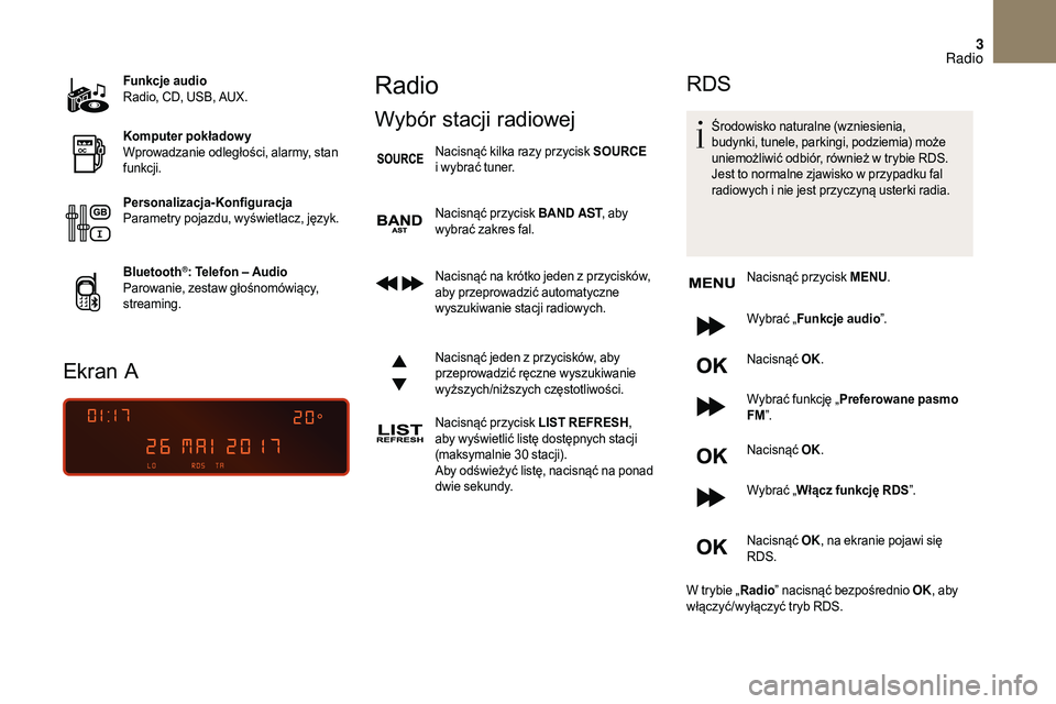 CITROEN DS3 CABRIO 2018 Instrukcja obsługi (in Polish) 3
Funkcje audio
Radio, CD, USB, AUX.
Komputer pokładowy
Wprowadzanie odległości, alarmy, stan
funkcji.
Personalizacja-Konfiguracja
Parametry pojazdu, wyświetlacz, język.
Bluetooth
®: Telefon CITROEN DS3 CABRIO 2018 Instrukcja obsługi (in Polish) 3
Funkcje audio
Radio, CD, USB, AUX.
Komputer pokładowy
Wprowadzanie odległości, alarmy, stan
funkcji.
Personalizacja-Konfiguracja
Parametry pojazdu, wyświetlacz, język.
Bluetooth
®: Telefon
