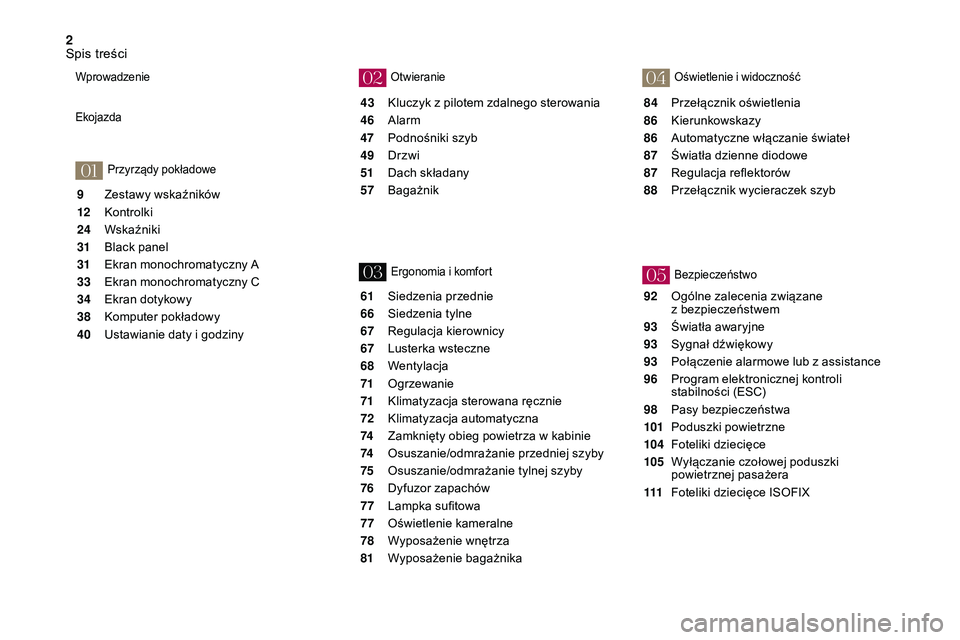 CITROEN DS3 CABRIO 2018  Instrukcja obsługi (in Polish) 2
01
02
03
04
05
9 Zestawy wskaźników
12
 K
ontrolki
24
 W

skaźniki
31
 B

lack panel
31
 E

kran monochromatyczny A
33
 E

kran monochromatyczny C
34
 E

kran dotykowy
38
 K

omputer pokładowy
4