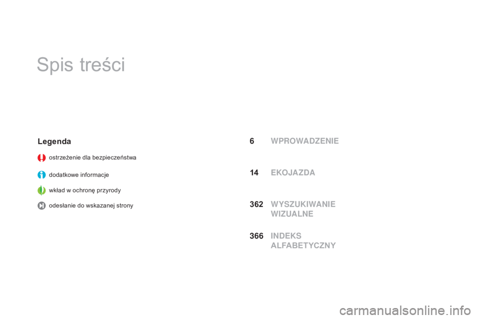 CITROEN DS3 2017  Instrukcja obsługi (in Polish) DS3_pl_Chap00a_sommaire_ed02-2015
Spis treści
6 WPROWADZENIE
L
egenda
ostrzeżenie dla bezpieczeństwa
dodatkowe informacje
wkład w ochronę przyrody
odesłanie do wskazanej strony
362 WYSZUKIWANIE 