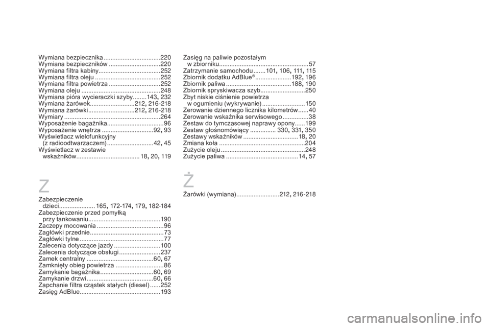 CITROEN DS3 2017 Instrukcja obsługi (in Polish) DS3_pl_Chap12_index-recherche_ed02-2015
Żarówki (wymiana) .........................212, 216 -218
Ż
Z
Zabezpieczenie
dzieci ..................... 16
5, 172-174 , 179, 182-18 4
Zabezpieczenie prz CITROEN DS3 2017 Instrukcja obsługi (in Polish) DS3_pl_Chap12_index-recherche_ed02-2015
Żarówki (wymiana) .........................212, 216 -218
Ż
Z
Zabezpieczenie
dzieci ..................... 16
5, 172-174 , 179, 182-18 4
Zabezpieczenie prz