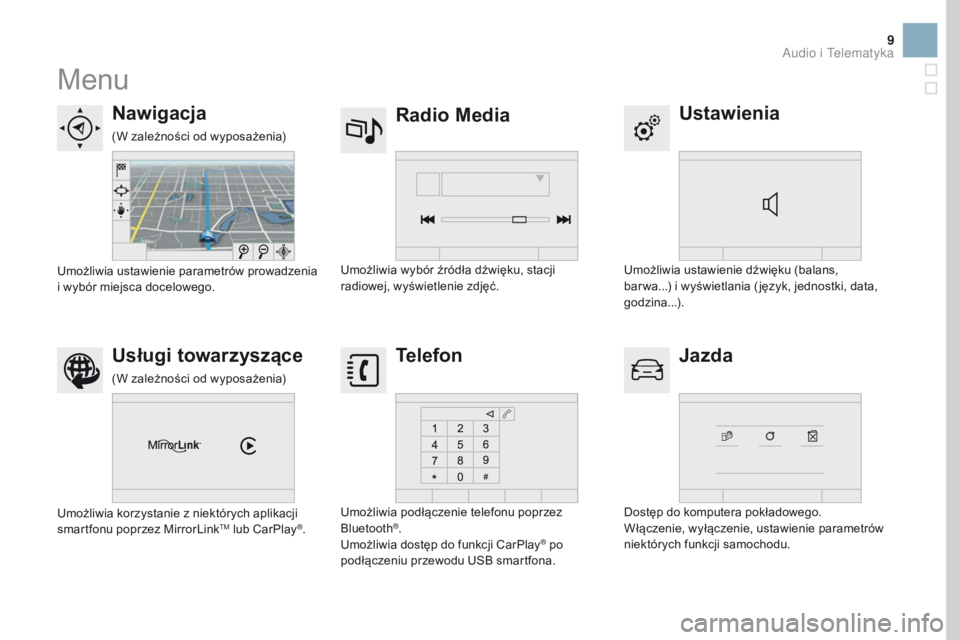 CITROEN DS3 2017  Instrukcja obsługi (in Polish) 9
Menu
Ustawienia
Radio Media
Nawigacja
Jazda
Usługi towarzyszące Telefon
Umożliwia ustawienie dźwięku (balans, 
bar wa...) i wyświetlania ( język, jednostki, data, 
godzina...).
Umożliwia wyb