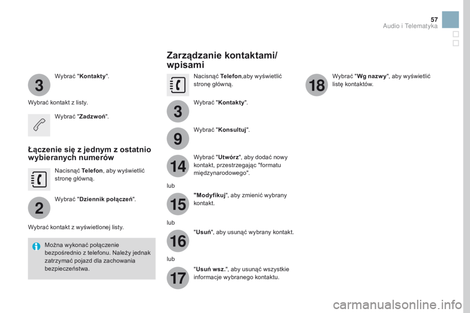 CITROEN DS3 2017  Instrukcja obsługi (in Polish) 3
2
3
9
14
15
16
17
18
57
Wybrać "Kontakty ".
Wybrać kontakt z listy. Wybrać "Zadzwoń ".
Łączenie się z jednym z ostatnio 
wybieranych numerów
Nacisnąć  Telefon, aby wyświet