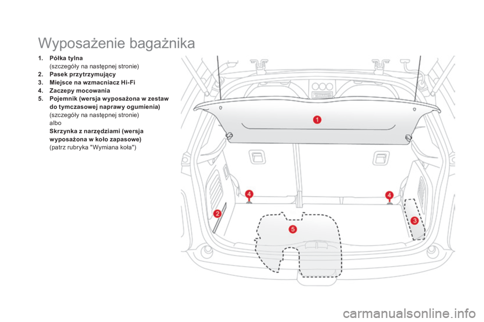 CITROEN DS3 2017 Instrukcja obsługi (in Polish) DS3_pl_Chap03_confort_ed02-2015
1. Półka tylna (szczegóły na następnej stronie)
2.
Pa
sek przytrzymujący
3.
Mi
ejsce na wzmacniacz Hi- Fi
4.
Za
czepy mocowania
5.
Po
jemnik (wersja w yp CITROEN DS3 2017 Instrukcja obsługi (in Polish) DS3_pl_Chap03_confort_ed02-2015
1. Półka tylna (szczegóły na następnej stronie)
2.
Pa
sek przytrzymujący
3.
Mi
ejsce na wzmacniacz Hi- Fi
4.
Za
czepy mocowania
5.
Po
jemnik (wersja w yp