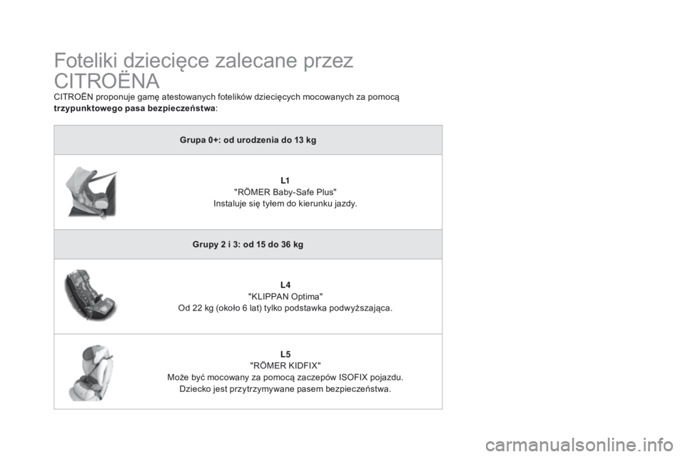 CITROEN DS3 2016 Instrukcja obsługi (in Polish) DS3_pl_Chap07_securite-enfants_ed01-2015
Foteliki dziecięce zalecane przez
CITROËNA
CITROËN proponuje gamę atestowanych fotelików dziecięcych mocowanych za pomocą
trzypunktowego pasa bezpiecz CITROEN DS3 2016 Instrukcja obsługi (in Polish) DS3_pl_Chap07_securite-enfants_ed01-2015
Foteliki dziecięce zalecane przez
CITROËNA
CITROËN proponuje gamę atestowanych fotelików dziecięcych mocowanych za pomocą
trzypunktowego pasa bezpiecz