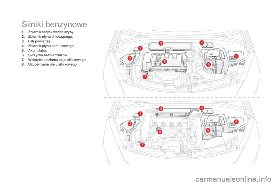 CITROEN DS3 2016 Instrukcja obsługi (in Polish) Silniki benzynowe
1. Zbiornik spryskiwacza szyby.
2. Zbiornik płynu chłodzącego.
3.
F
iltr powietrza.
4.
Z
biornik płynu hamulcowego.
5.
A
kumulator.
6.
S
krzynka bezpieczników.
7.
W
sk CITROEN DS3 2016 Instrukcja obsługi (in Polish) Silniki benzynowe
1. Zbiornik spryskiwacza szyby.
2. Zbiornik płynu chłodzącego.
3.
F
iltr powietrza.
4.
Z
biornik płynu hamulcowego.
5.
A
kumulator.
6.
S
krzynka bezpieczników.
7.
W
sk