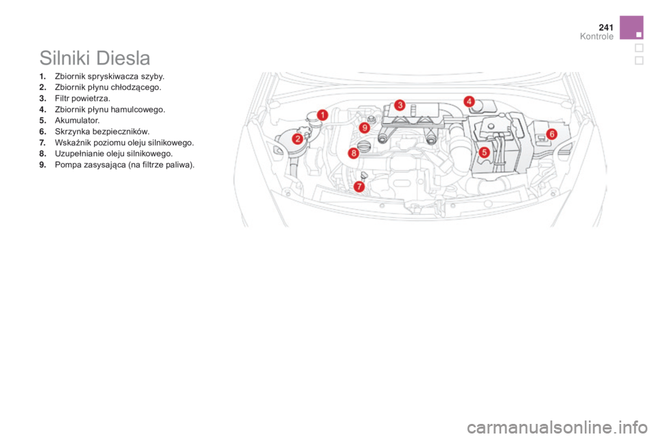 CITROEN DS3 2016 Instrukcja obsługi (in Polish) 241
DS3_pl_Chap09_verifications_ed01-2015
Silniki Diesla
1. Zbiornik spryskiwacza szyby.
2. Zbiornik płynu chłodzącego.
3.
F
iltr powietrza.
4.
Z
biornik płynu hamulcowego.
5.
A
kumulator.
6 CITROEN DS3 2016 Instrukcja obsługi (in Polish) 241
DS3_pl_Chap09_verifications_ed01-2015
Silniki Diesla
1. Zbiornik spryskiwacza szyby.
2. Zbiornik płynu chłodzącego.
3.
F
iltr powietrza.
4.
Z
biornik płynu hamulcowego.
5.
A
kumulator.
6