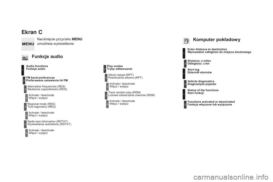 CITROEN DS3 2016 Instrukcja obsługi (in Polish) DS3 _ pl _Chap11d _ RD 45 _ ed 01-2015
Ekran C
Audio functions
Funkcje audioAlternative frequencies (RDS)
Śledzenie częstotliwości (RDS)Activate / deactivate
Włącz / wyłącz
FM band preferenc CITROEN DS3 2016 Instrukcja obsługi (in Polish) DS3 _ pl _Chap11d _ RD 45 _ ed 01-2015
Ekran C
Audio functions
Funkcje audioAlternative frequencies (RDS)
Śledzenie częstotliwości (RDS)Activate / deactivate
Włącz / wyłącz
FM band preferenc