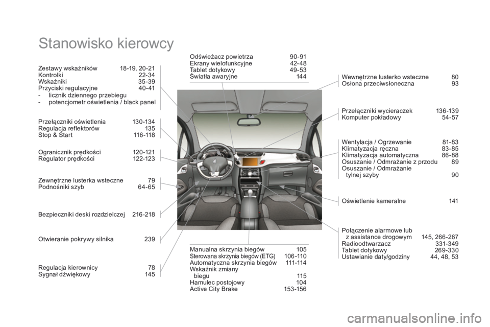 CITROEN DS3 2016 Instrukcja obsługi (in Polish) DS3_pl_Chap12_index-recherche_ed01-2015
Stanowisko kierowcy
Zestawy wskaźników 18 -19, 20 -21
Kontrolki 2 2-34
Wskaźniki
3
5-39
Przyciski regulacyjne
4
0 - 41
-
l
icznik dziennego przeb CITROEN DS3 2016 Instrukcja obsługi (in Polish) DS3_pl_Chap12_index-recherche_ed01-2015
Stanowisko kierowcy
Zestawy wskaźników 18 -19, 20 -21
Kontrolki 2 2-34
Wskaźniki
3
5-39
Przyciski regulacyjne
4
0 - 41
-
l
icznik dziennego przeb