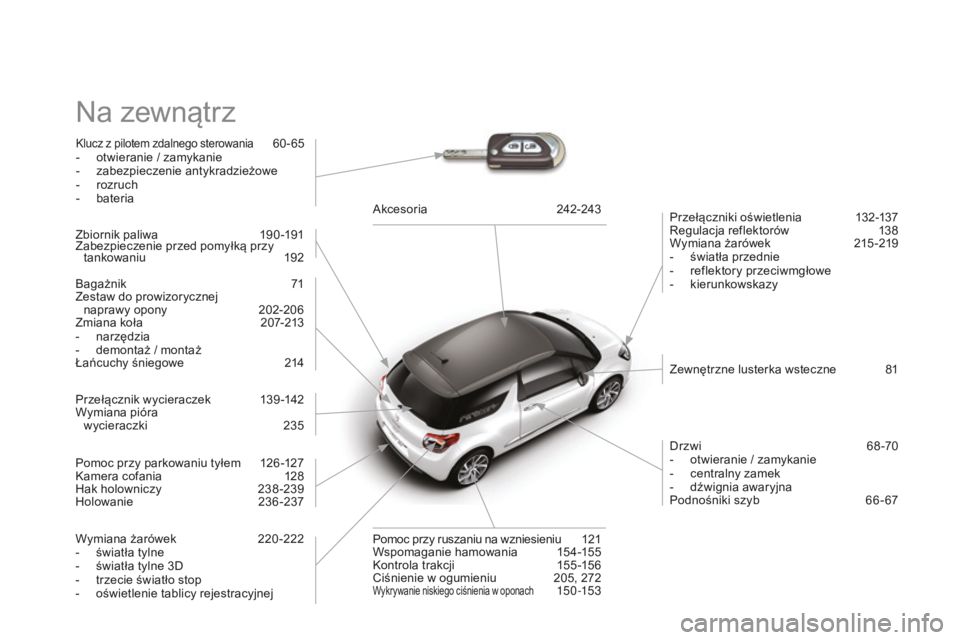 CITROEN DS3 2015 Instrukcja obsługi (in Polish) Ds3_pl_ chap14_index-recherche_ed01-2014
na zewnątrz
klucz z pilotem zdalnego sterowania 60 - 65
-
o
twieranie / zamykanie
-
z
abezpieczenie antykradzieżowe
-
r
ozruch
-
b
ateria Przełączn CITROEN DS3 2015 Instrukcja obsługi (in Polish) Ds3_pl_ chap14_index-recherche_ed01-2014
na zewnątrz
klucz z pilotem zdalnego sterowania 60 - 65
-
o
twieranie / zamykanie
-
z
abezpieczenie antykradzieżowe
-
r
ozruch
-
b
ateria Przełączn
