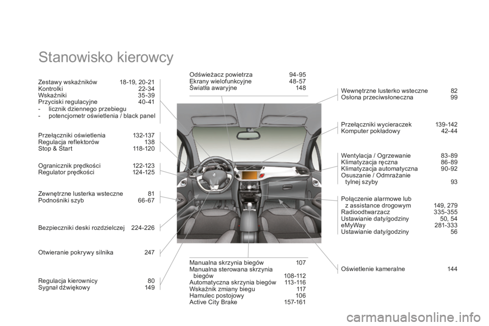 CITROEN DS3 2015 Instrukcja obsługi (in Polish) Ds3_pl_ chap14_index-recherche_ed01-2014
stanowisko kierowcy
Zestawy wskaźników 1 8 -19, 20 -21k
ontrolki 2 2-34
Wskaźniki
3
5-39
Przyciski regulacyjne
4
0 - 41
-
l
icznik dziennego prz CITROEN DS3 2015 Instrukcja obsługi (in Polish) Ds3_pl_ chap14_index-recherche_ed01-2014
stanowisko kierowcy
Zestawy wskaźników 1 8 -19, 20 -21k
ontrolki 2 2-34
Wskaźniki
3
5-39
Przyciski regulacyjne
4
0 - 41
-
l
icznik dziennego prz
