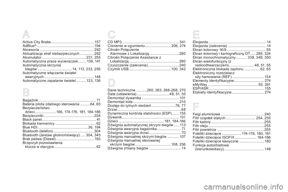 CITROEN DS3 2015  Instrukcja obsługi (in Polish) Ds3_pl_ chap14_index-recherche_ed01-2014
active  city  br ake  ........................................... 15 7
AdBlue® ............................... ..........................19 4ak
cesoria ......