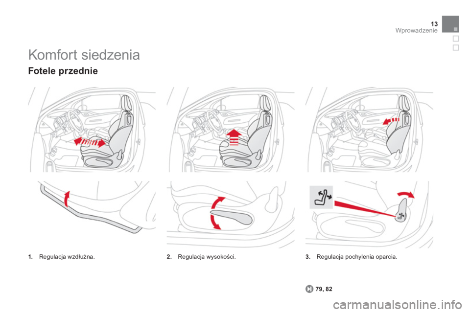 CITROEN DS3 2014  Instrukcja obsługi (in Polish) 13Wprowadzenie
  Komfort siedzenia 
3.Regulacja pochylenia oparcia.
79
, 82
   
Fotele przednie
1. 
 Regulacja wzdłużna.2. 
 Regulacja wysokości. 