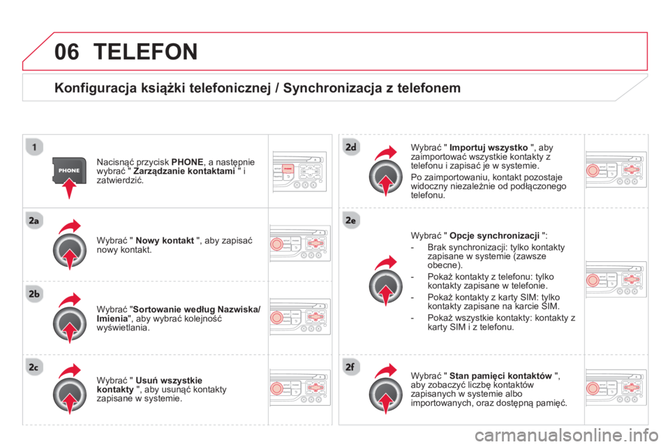 CITROEN DS3 2014  Instrukcja obsługi (in Polish) 06TELEFON 
   
Konfiguracja książki telefonicznej / Synchronizacja z telefonem
 
 
Nacisnąć przycisk PHONE 
, a następniewybrać " Zarządzanie kontaktami"izatwierdzić.  
   
W
ybrać "  Nowy ko
