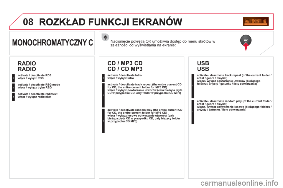 CITROEN DS3 2013 Instrukcja obsługi (in Polish) 08
Naciśnięcie pokrętła OK umożliwia dostęp do menu skrótów w
zależności od wyświetlania na ekranie: MONOCHROMATYCZNY C
włącz / wyłącz RDS
włącz / wyłącz trybu REG
włącz / wył CITROEN DS3 2013 Instrukcja obsługi (in Polish) 08
Naciśnięcie pokrętła OK umożliwia dostęp do menu skrótów w
zależności od wyświetlania na ekranie: MONOCHROMATYCZNY C
włącz / wyłącz RDS
włącz / wyłącz trybu REG
włącz / wył