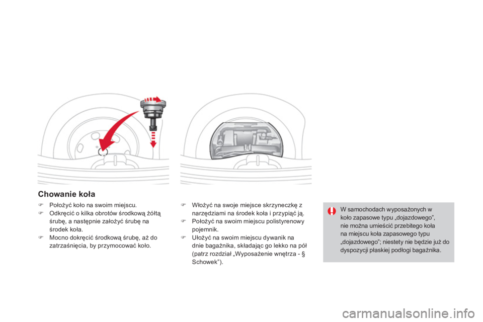 CITROEN DS3 2011  Instrukcja obsługi (in Polish) Chowanie koła
�) 
 Włożyć na swoje miejsce skrzyneczkę z 
narzędziami na środek koła i przypiąć ją.
�) 
 Położy�ü na swoim miejscu polistyrenowypojemnik.�) 
 Ułoży�ü na swoim miejscu 