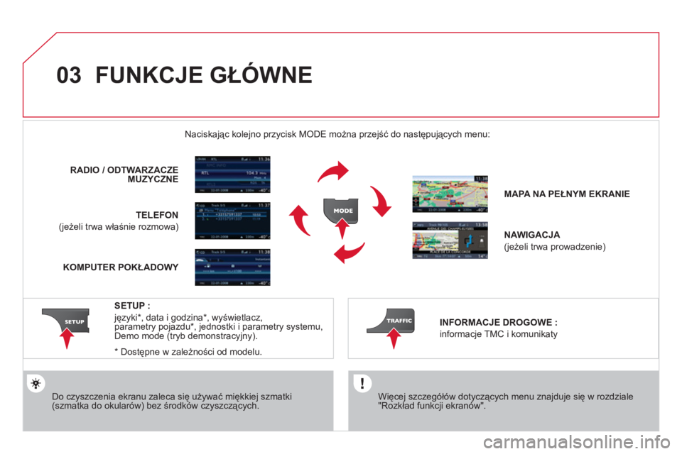 CITROEN DS3 2011  Instrukcja obsługi (in Polish) 03FUNKCJE GŁÓWNE
 
 
Więcej szczegółów dotyczących menu znajduje się w rozdziale "Rozkład funkcji ekranów".  
  Naciskając kolejno przycisk M
ODE można przejść do następujących menu:
 