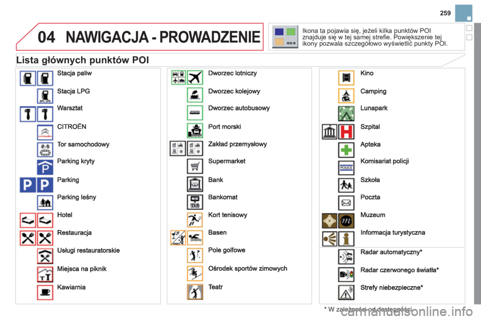 CITROEN DS3 2011  Instrukcja obsługi (in Polish) 04
259
NAWIGACJA - PROWADZENIE
   
Lista głównych punktów POI 
*   
W zależności od dostępności. Ikona ta pojawia się, jeżeli kilka punktów P
OI 
znajduje się w tej samej streﬁ e. Powięk