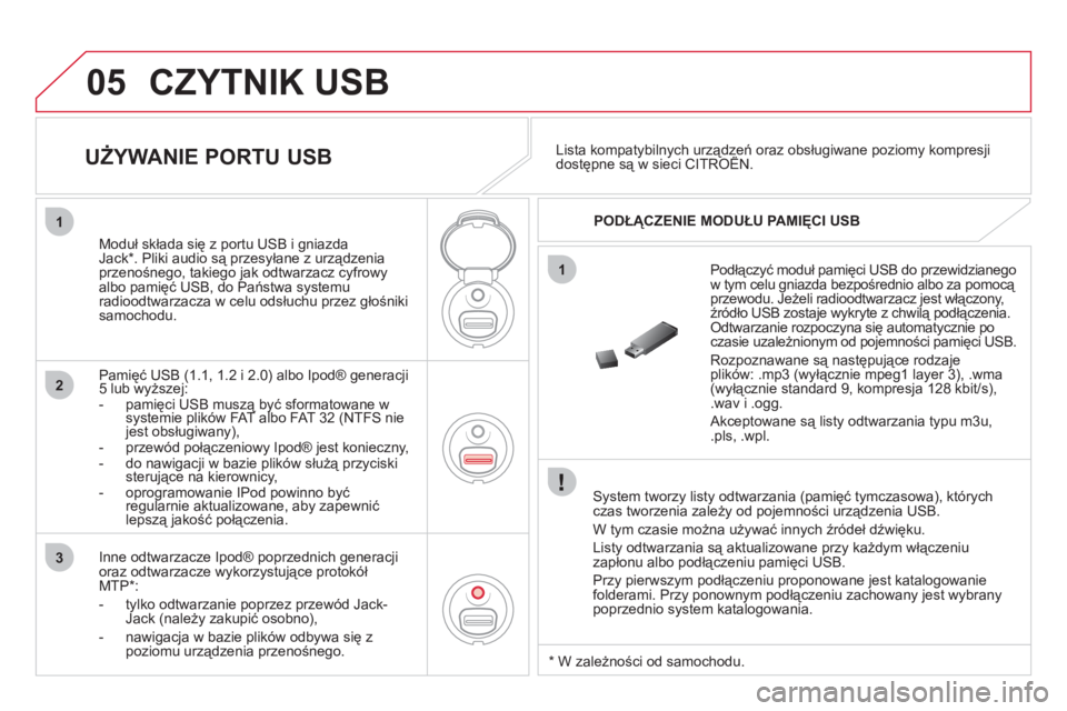 CITROEN DS3 2011  Instrukcja obsługi (in Polish) 05
1
1
2
3
CZYTNIK USB
   System tworzy listy odtwarzania (pamięć tymczasowa), którychczas tworzenia zależy od pojemności urządzenia USB. 
  W tym czasie można używać innych źródeł dźwię CITROEN DS3 2011  Instrukcja obsługi (in Polish) 05
1
1
2
3
CZYTNIK USB
   System tworzy listy odtwarzania (pamięć tymczasowa), którychczas tworzenia zależy od pojemności urządzenia USB. 
  W tym czasie można używać innych źródeł dźwię