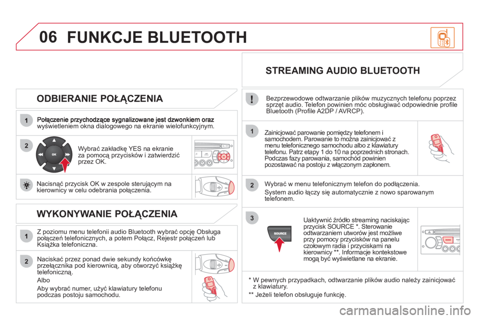 CITROEN DS3 2011  Instrukcja obsługi (in Polish) 06
2
1
2
2
3
   
ODBIERANIE POŁĄCZENIA 
wyświetleniem okna dialogowego na ekranie wielofunkcyjnym.  Zainicjować parowanie pomiędzy telefonem isamochodem. Parowanie to można zainicjować z menu t