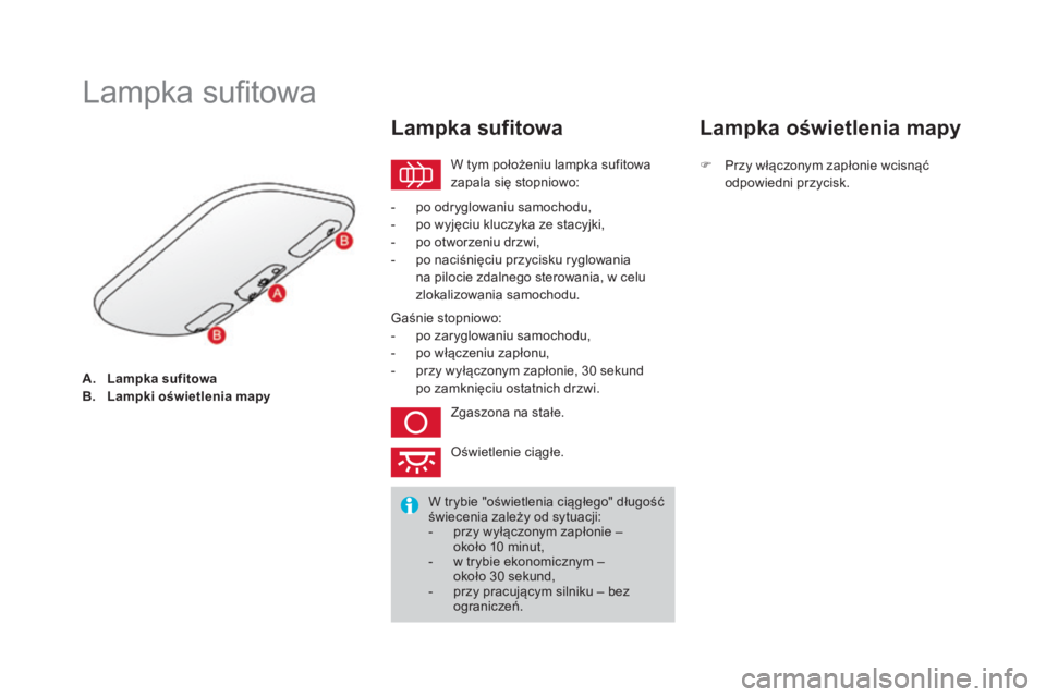 CITROEN DS3 CABRIO 2017 Instrukcja obsługi (in Polish) DS3_pl_Chap05_visibilite_ed02-2015
A. Lampka sufitowa
B. La mpki oświetlenia mapy
Lampka sufitowa
W tym położeniu lampka sufitowa
zapala się stopniowo:
Lampka sufitowa
- po odryglowaniu samochodu CITROEN DS3 CABRIO 2017 Instrukcja obsługi (in Polish) DS3_pl_Chap05_visibilite_ed02-2015
A. Lampka sufitowa
B. La mpki oświetlenia mapy
Lampka sufitowa
W tym położeniu lampka sufitowa
zapala się stopniowo:
Lampka sufitowa
- po odryglowaniu samochodu