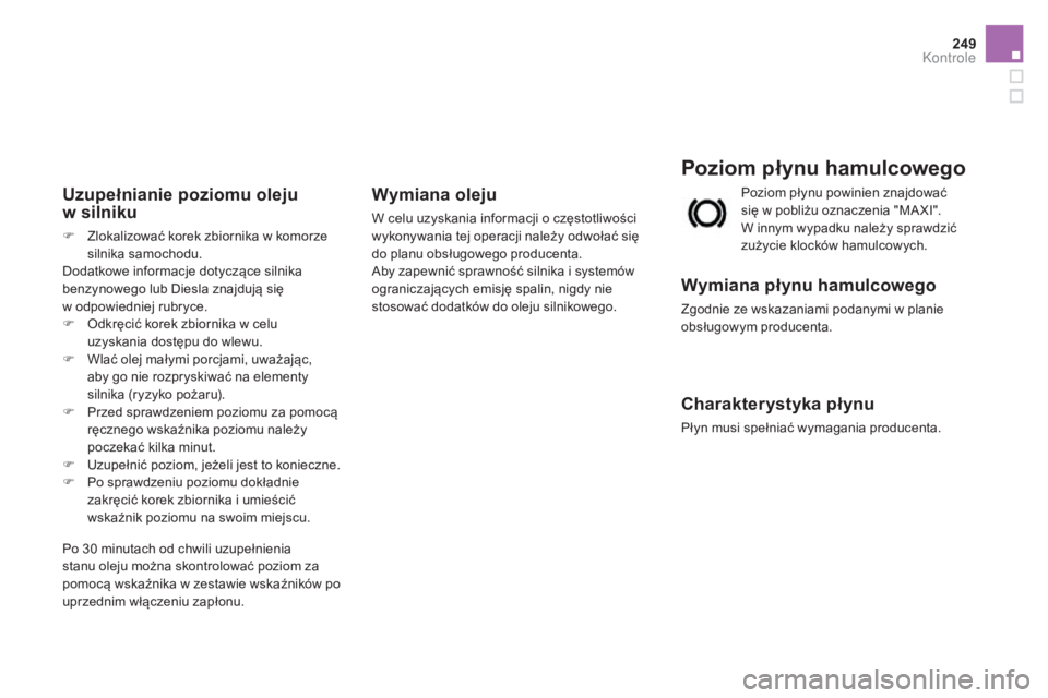 CITROEN DS3 CABRIO 2017  Instrukcja obsługi (in Polish) 249
DS3_pl_Chap09_verifications_ed02-2015
Poziom płynu hamulcowego
Wymiana płynu hamulcowego
Zgodnie ze wskazaniami podanymi w planie 
obsługowym producenta.
Charakterystyka płynu
Płyn musi speł
