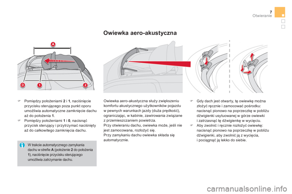 CITROEN DS3 CABRIO 2017  Instrukcja obsługi (in Polish) 7Otwieranie
   
W trakcie automatycznego zamykania 
dachu w strefie  A 
 (położenie  2   
do położenia 
  1 
), naciśnięcie przycisku sterującego 
umożliwia zatrzymanie dachu.  
 
 
�) 
 Pomi