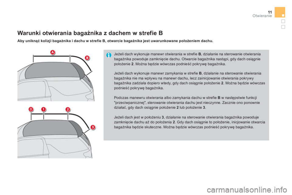 CITROEN DS3 CABRIO 2017  Instrukcja obsługi (in Polish) 11Otwieranie
   
Jeżeli dach wykonuje manewr otwierania w strefie  B 
, działanie na sterowanie otwierania 
bagażnika powoduje zamknięcie dachu. Otwarcie bagażnika nastąpi, gdy dach osiągnie 
p