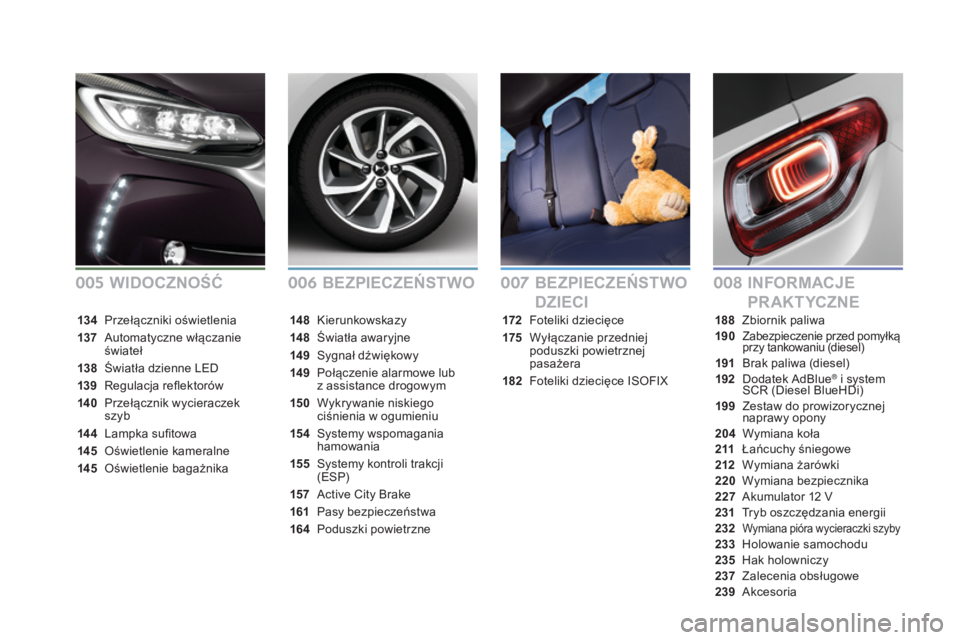 CITROEN DS3 CABRIO 2017 Instrukcja obsługi (in Polish) DS3_pl_Chap00a_sommaire_ed02-2015
BEZPIECZEŃSTWOINFORMACJE
PR AK T YCZNE
BEZPIECZEŃSTWO
DZIECI
172 Foteliki dziecięce
17 5
Wy
łączanie przedniej
poduszki powietrznej
pasażera
182
Fo
teli CITROEN DS3 CABRIO 2017 Instrukcja obsługi (in Polish) DS3_pl_Chap00a_sommaire_ed02-2015
BEZPIECZEŃSTWOINFORMACJE
PR AK T YCZNE
BEZPIECZEŃSTWO
DZIECI
172 Foteliki dziecięce
17 5
Wy
łączanie przedniej
poduszki powietrznej
pasażera
182
Fo
teli