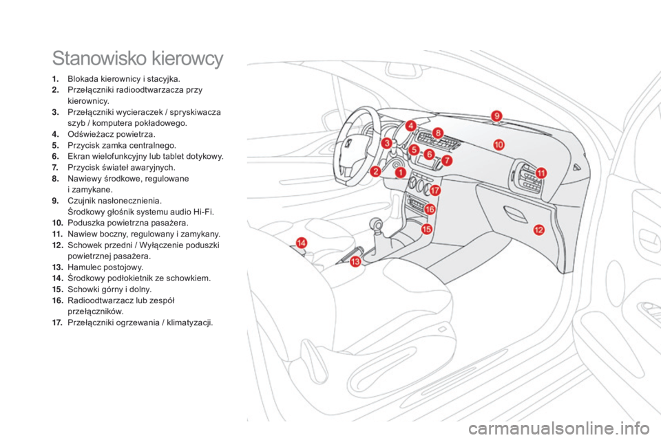 CITROEN DS3 CABRIO 2016 Instrukcja obsługi (in Polish) DS3_pl_Chap00b_vue-ensemble_ed01-2015
Stanowisko kierowcy
1. Blokada kierownicy i stacyjka.
2. Przełączniki radioodtwarzacza przy
kierownicy.
3.
P
rzełączniki wycieraczek / spryskiwacza
szyb / CITROEN DS3 CABRIO 2016 Instrukcja obsługi (in Polish) DS3_pl_Chap00b_vue-ensemble_ed01-2015
Stanowisko kierowcy
1. Blokada kierownicy i stacyjka.
2. Przełączniki radioodtwarzacza przy
kierownicy.
3.
P
rzełączniki wycieraczek / spryskiwacza
szyb /