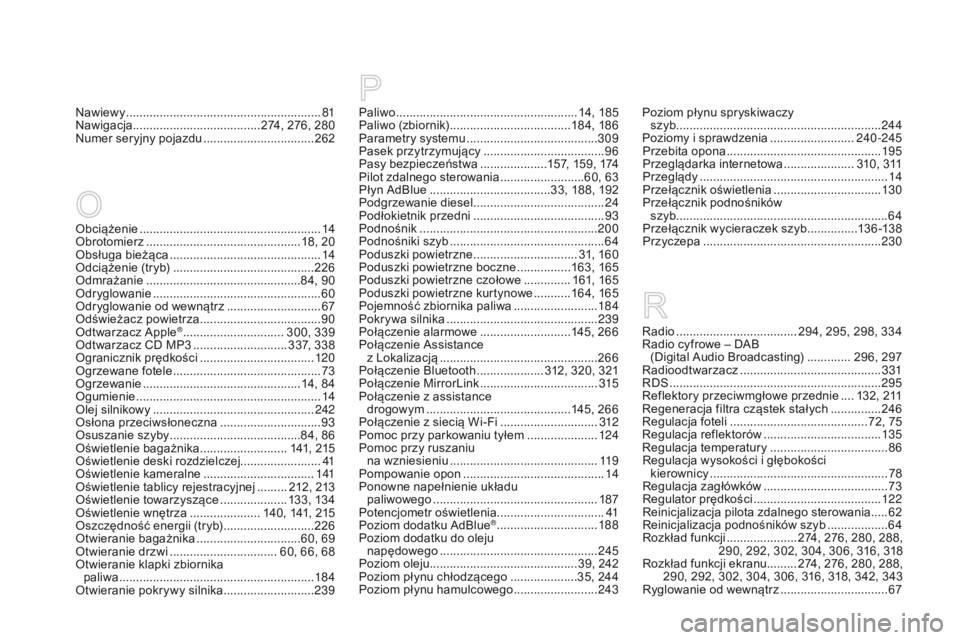 CITROEN DS3 CABRIO 2016  Instrukcja obsługi (in Polish) DS3_pl_Chap12_index-recherche_ed01-2015
Poziom płynu spryskiwaczy  szyb ............................................................. 244
Poziomy i sprawdzenia
 
.........................24

0 -245
P